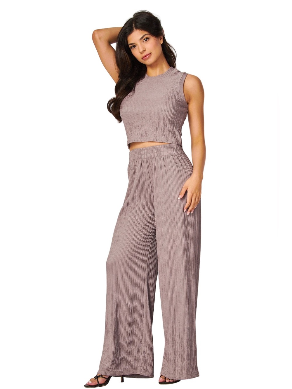 Taupe Top & Pant Set Crinkled Texture